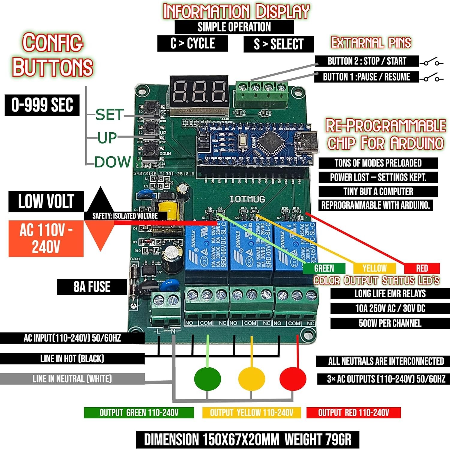 Arduino-Compatible Light Chaser Controller - 3 Way with Built-in LED Indicators