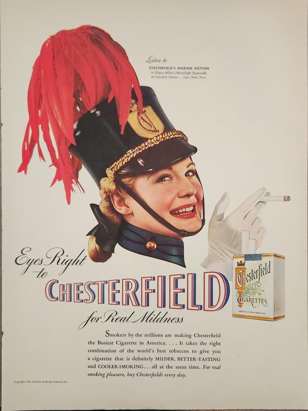 1940 Chesterfield Cigarettes Vintage Ad Marion Hutton Moonlight Serenade