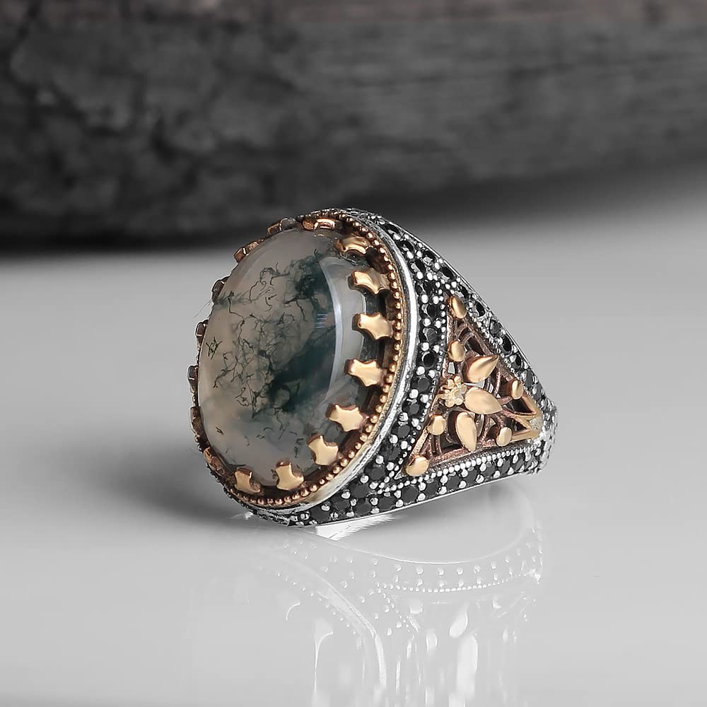Moss Agate Men's Silver Ring, Handmade Moss Agate Stone Silver Ring for Men,