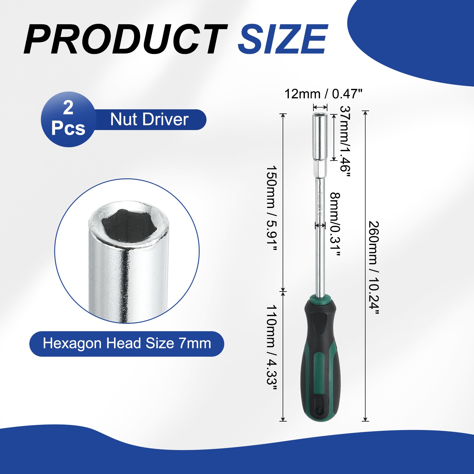 2Pcs Metric Nut Driver 7mm Bit Driver Socket Screwdriver with Handle Green/Blcak