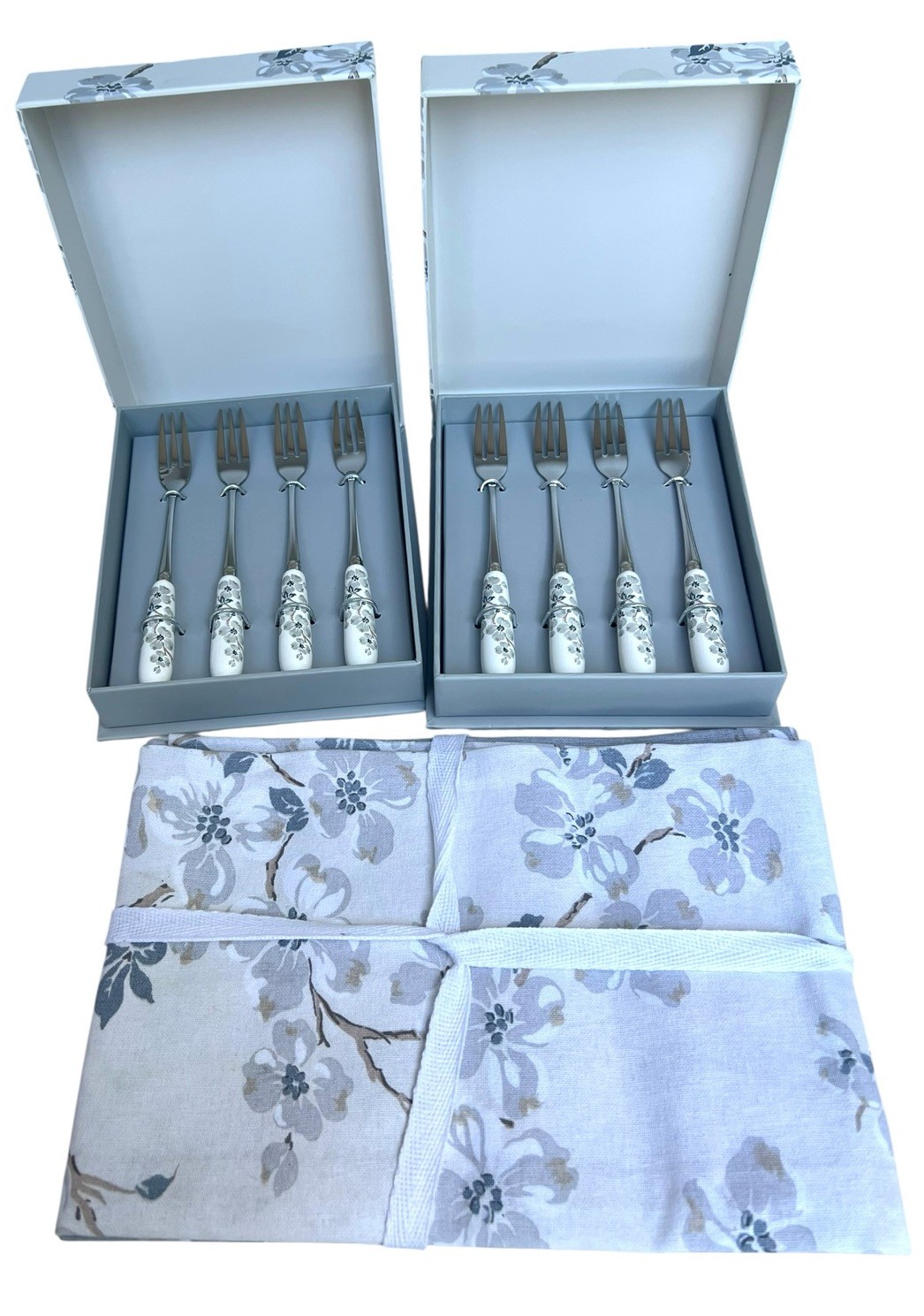 Laura Ashley Iona 2 Sets of 4 Cake Forks 15cm + Set Of 2 Matching Tea Towels New