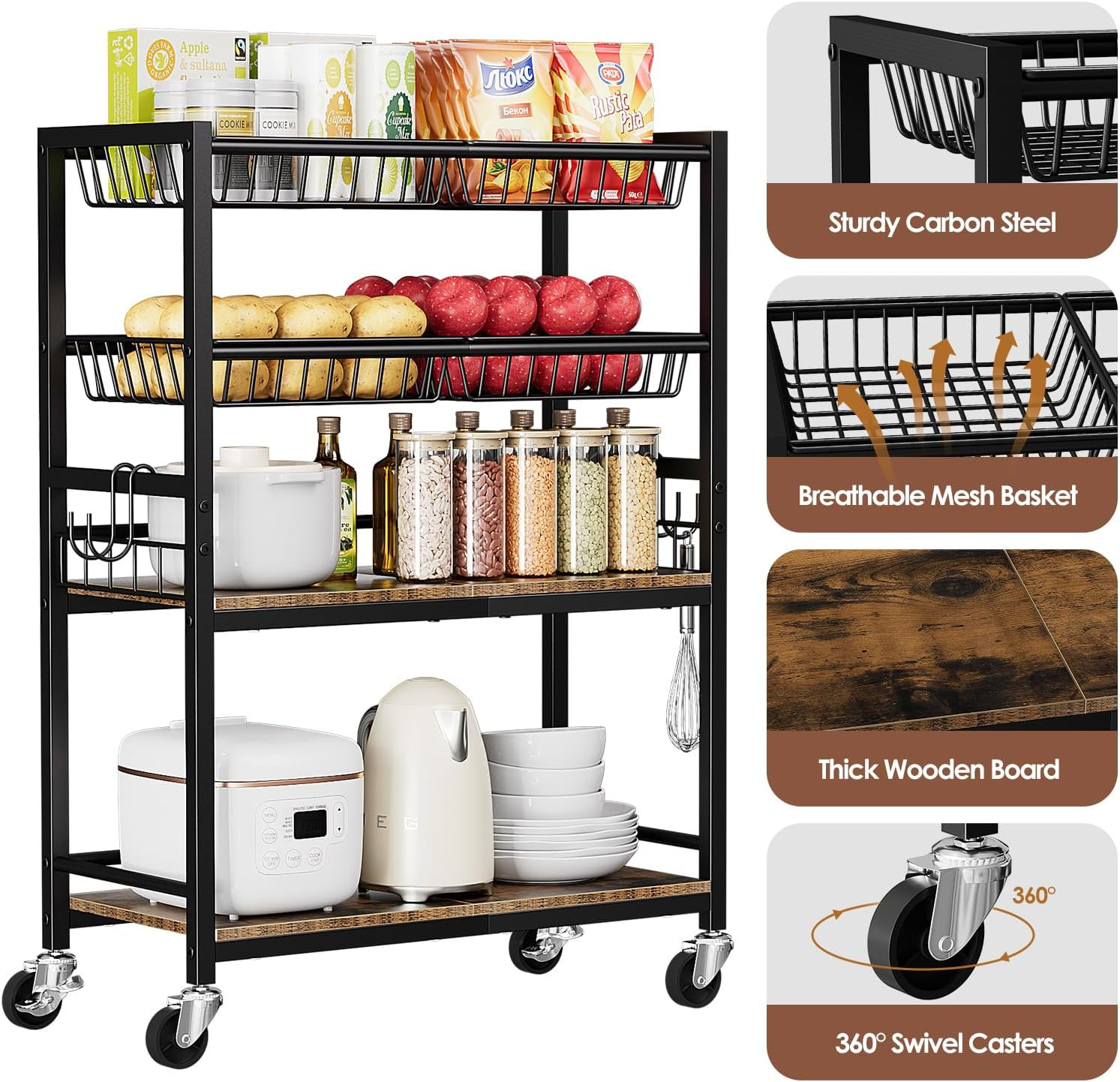 Fruit Vegetable Storage Cart, 4-Tier Rolling Kitchen Storage Cart, Fruit & Veget
