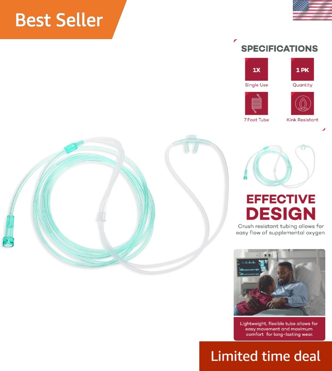 Individually Wrapped Lightweight Nasal Cannula - 7 ft Green Tubing for Safety