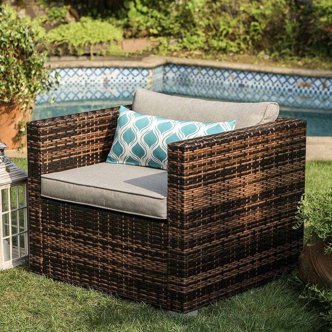 All-Weather Patio Chair, Single Brown Wicker Chair with Thick Gray Cushions &...