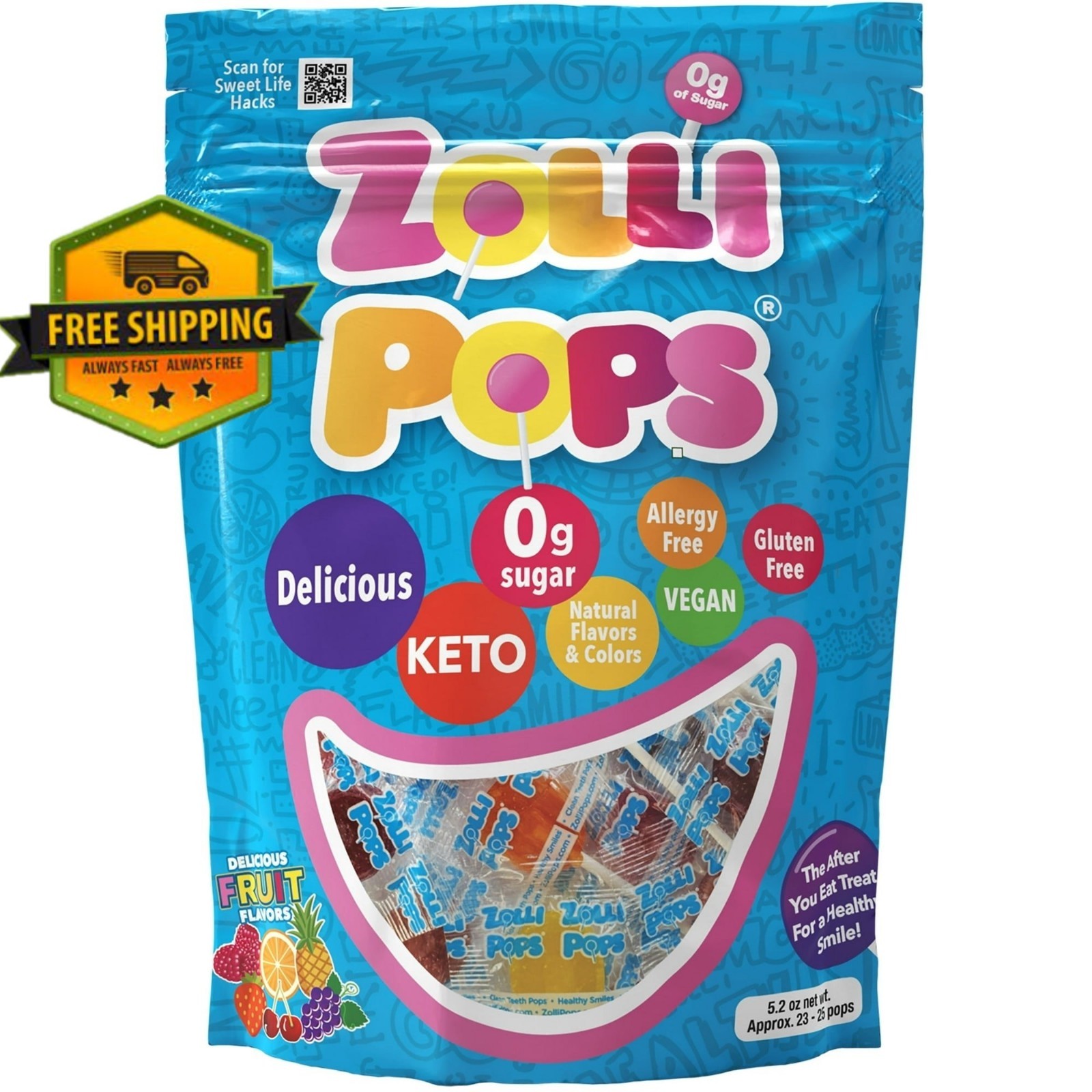 ZOLLIPOPS Sugar-Free Lollipops – Allergen-Free, Natural Fruit Flavors, 5.2 oz