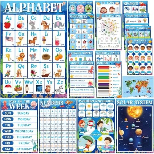 18 Pcs Educational Posters for Classroom, Laminated Preschool Learning Ocean