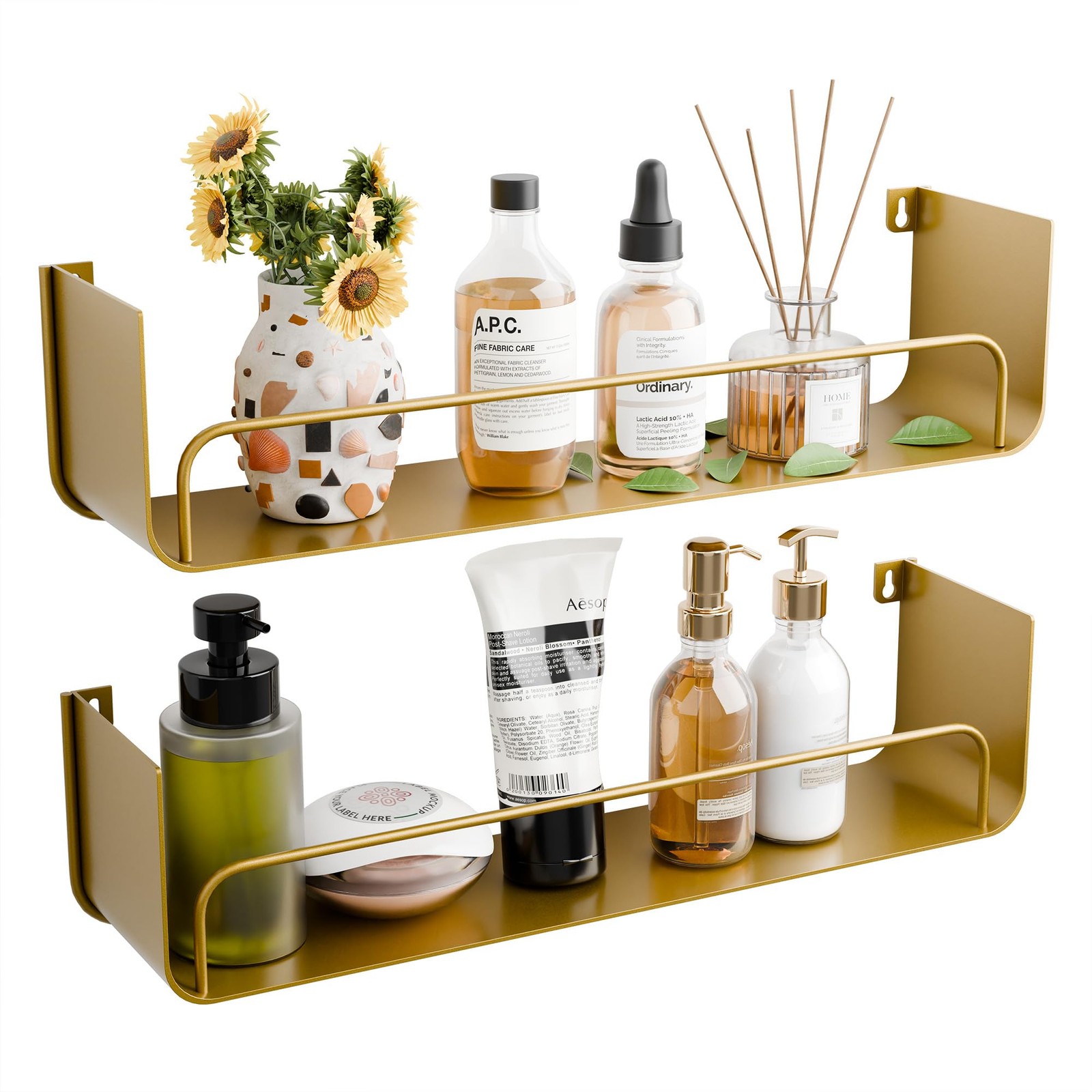 16 Inch Gold Floating Shelves Set of 2, Narrow Iron Bathroom Shelves with Gua...