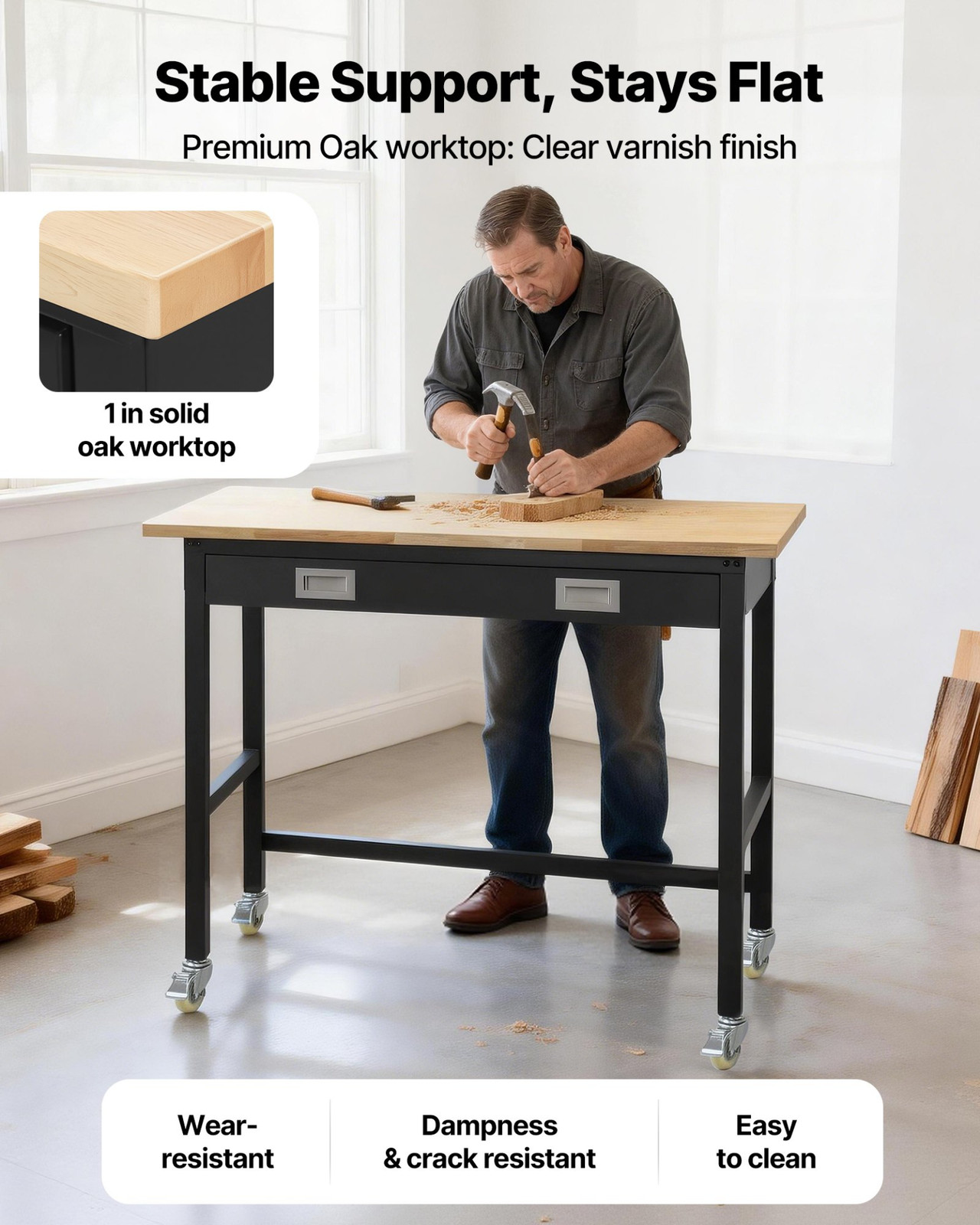 48 in Workbench 1500 lb Capacity Oak Top with Drawer Wheels