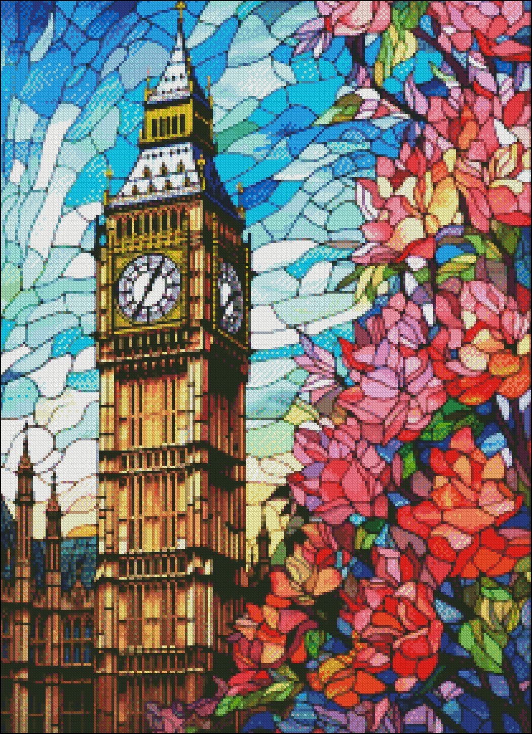 Big Ben in Spring - DIY Chart Counted Cross Stitch Patterns Needlework DMC Color