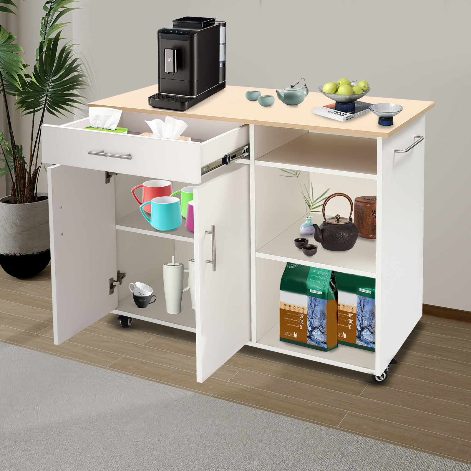 Island Side Table Kitchen Cart Rolling Kitchen Free Standing Trolley w/Drawer