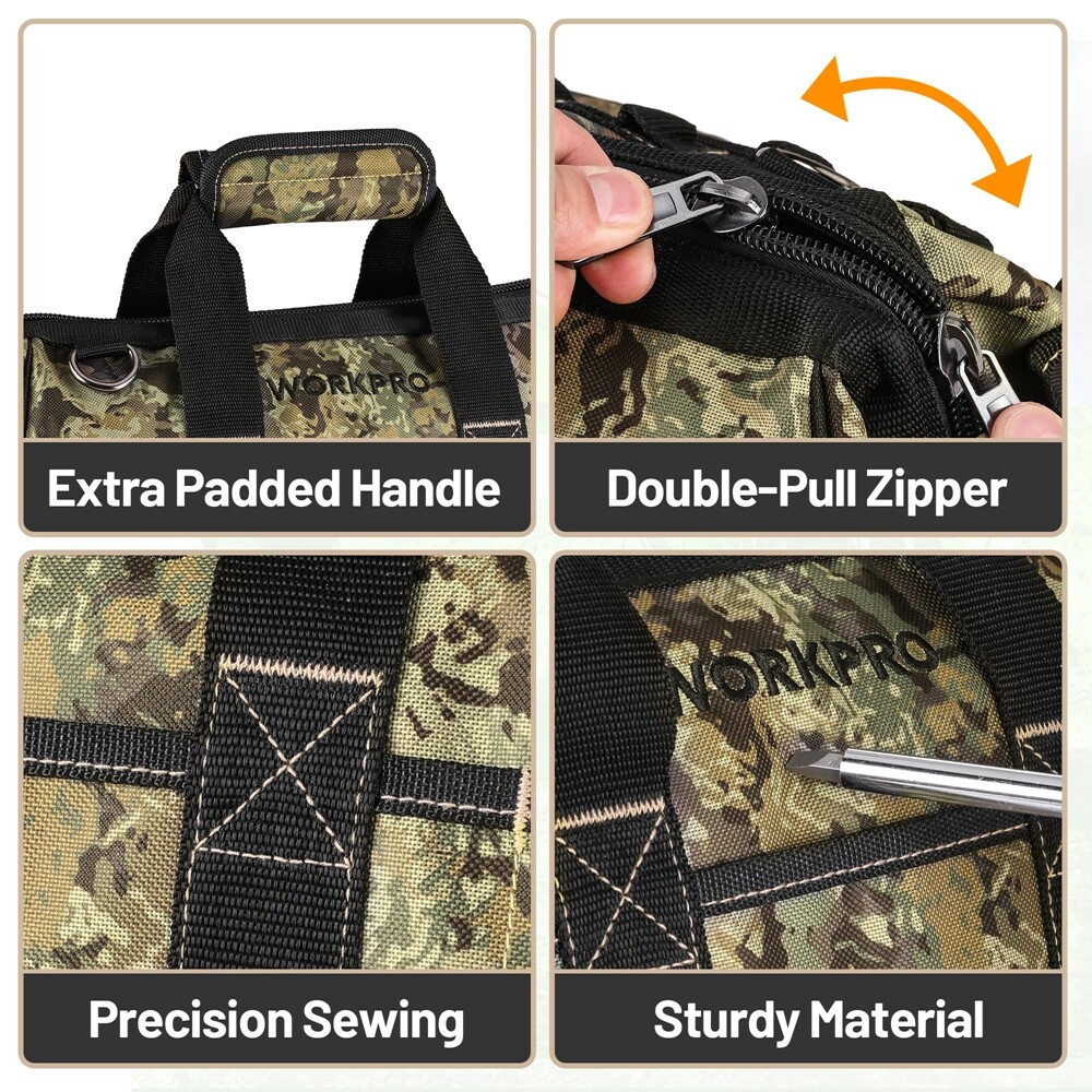 WORKPRO 16" Wide Mouth Zipper Tool Bag w/Adjustable Shoulder Strap Sturdy Bottom