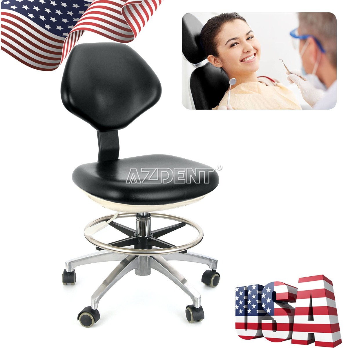 Dental Doctor Dentist Assistant Stool Mobile Chair PU Leather Adjustable Black
