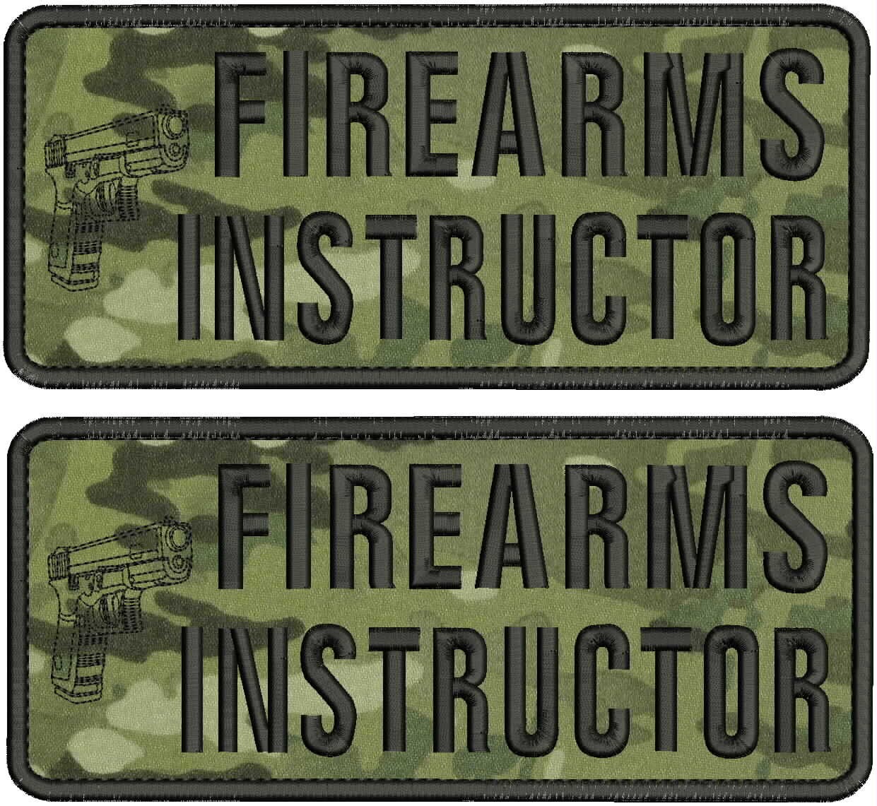 FIREARMS INSTRUCTOR 2 EMB PATCHES 4X10'' VELCR@ ON BACK BLACK ON MULTICAM