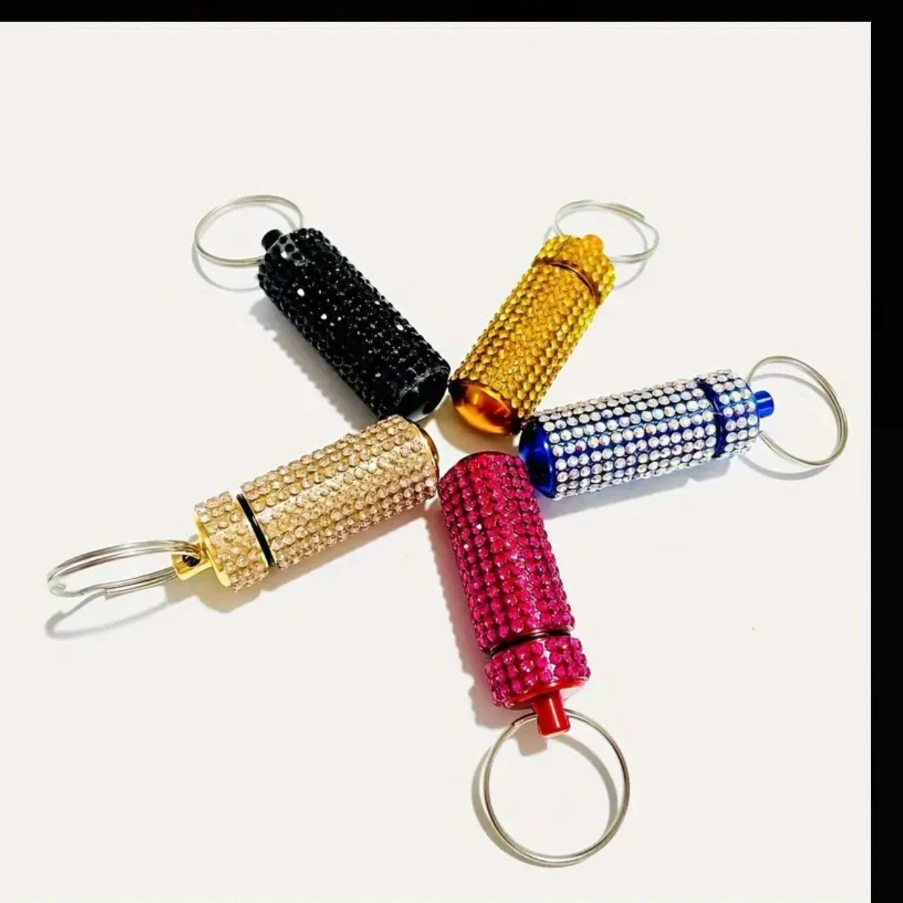 Gold Crystal Metal Bottle Encrusted Keychain Bling Container Portable Box Ring