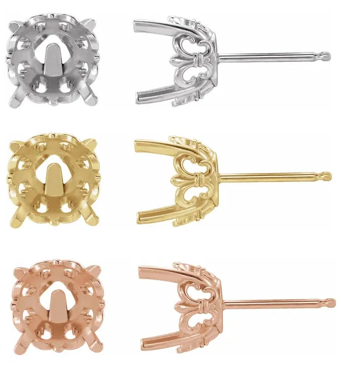 14K Gold Round Round Cut Earring Stud Setting - Fleur-de-lis Style 1 Piece