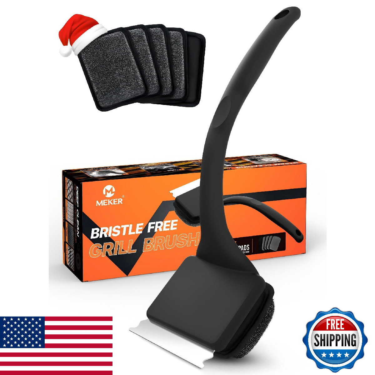 MEKER Bristle-Free Grill Brush Cleaner w/ 5 Replacement Heads & Scraper