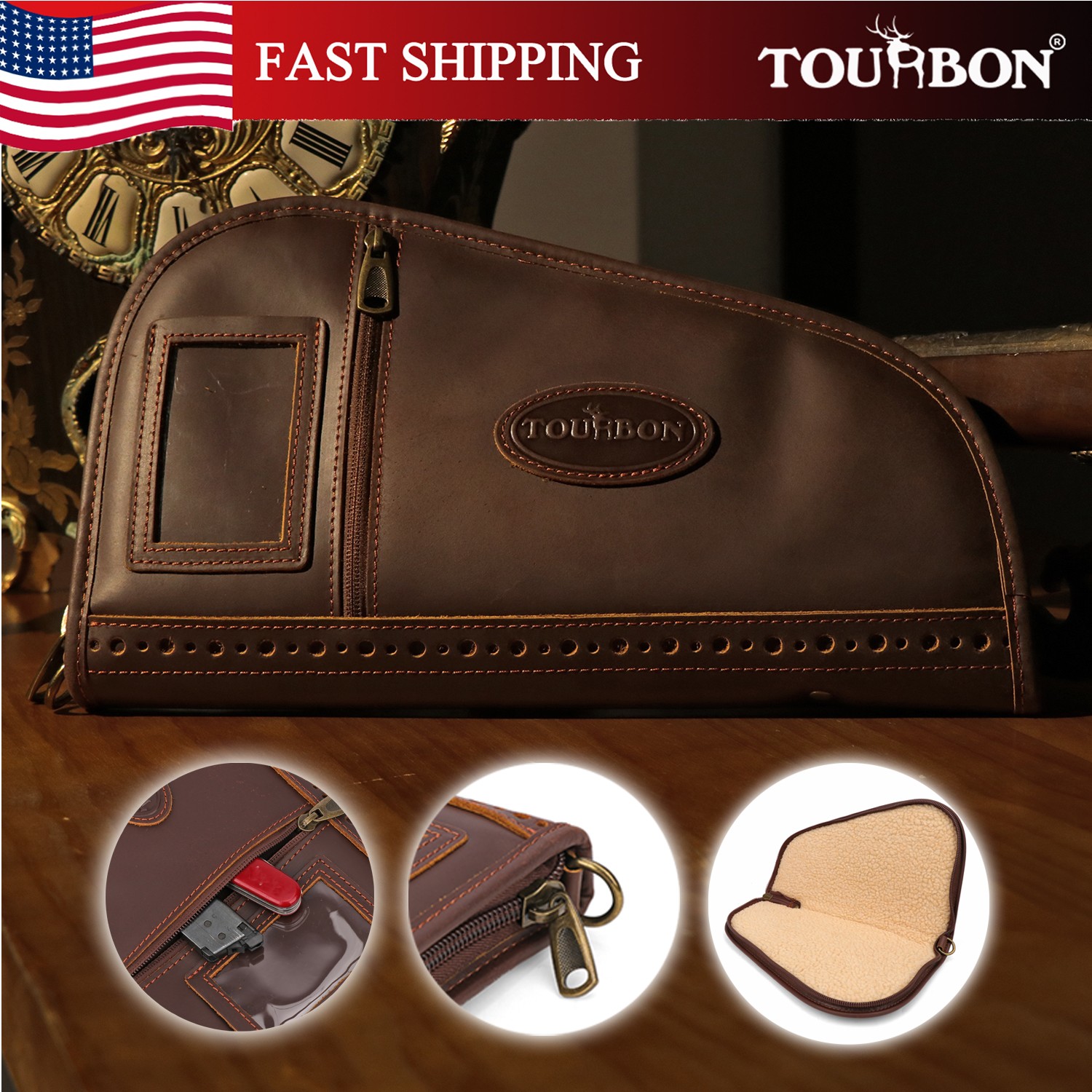 TOURBON Leather Hunting Pistol Protector Case Handgun Storage Bag Padded w/Slot