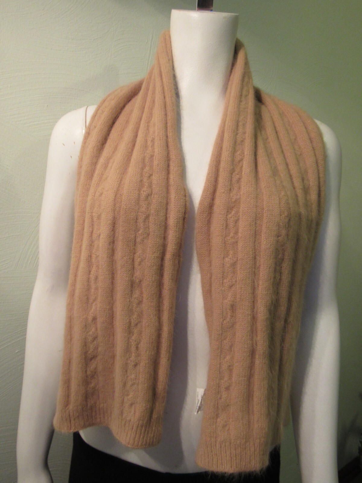 Men's Scarf Tan Beige 70% Angora Wool Blend Cable Knit 9 x 47