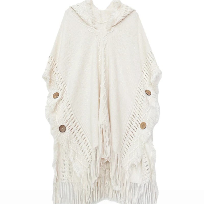 Women's Hooded Cape Shawl, Knitted Poncho with Ethnic Tassels & Scarf Detail​