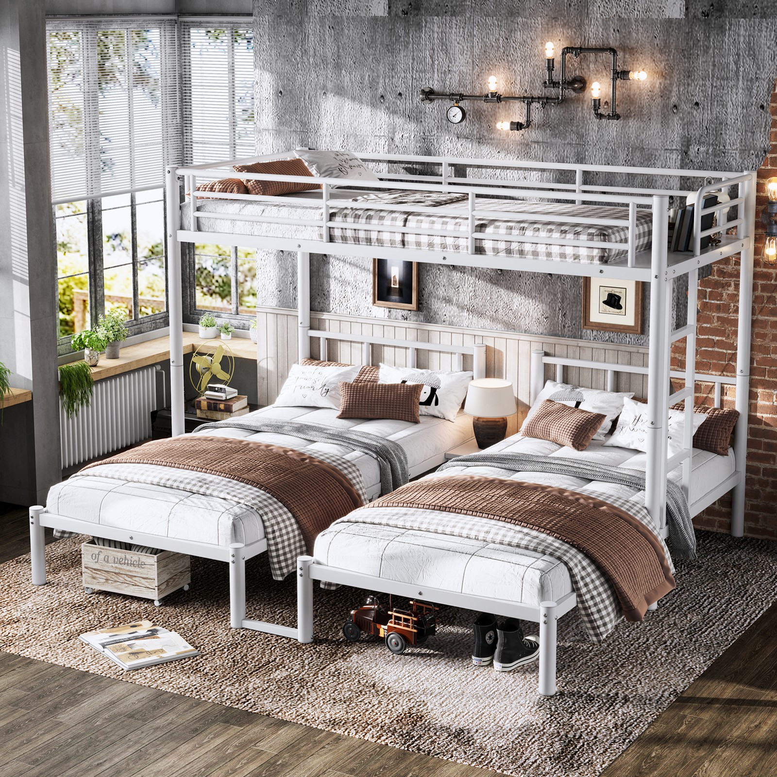 White Metal Triple Bunk Bed Frame, Twin/Twin XL, Detachable L-Shape
