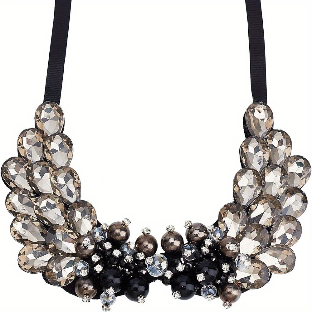 1set Vintage Black & Rhinestone Layers Bib Fake Stand Collar with Faux Pearl &