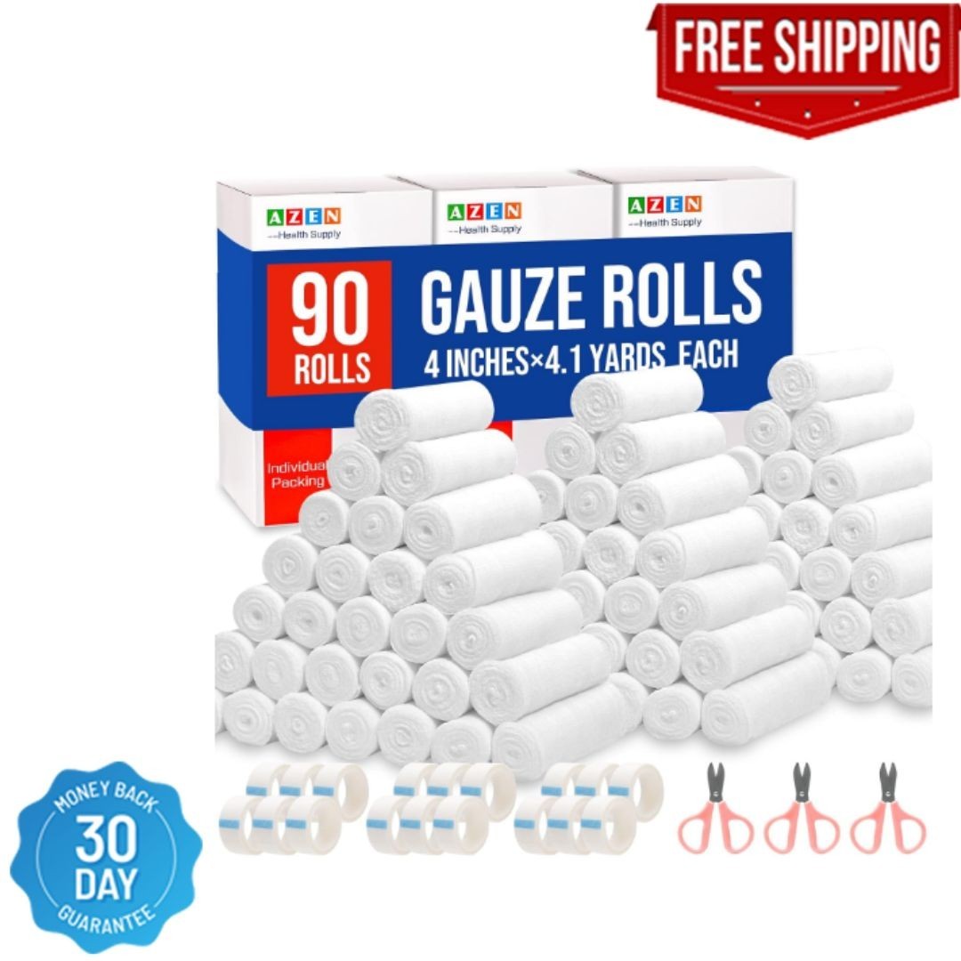 90-Pack Gauze Rolls Bandages 4" x 4.1 Yards, First Aid Medical Supplies (3x30)