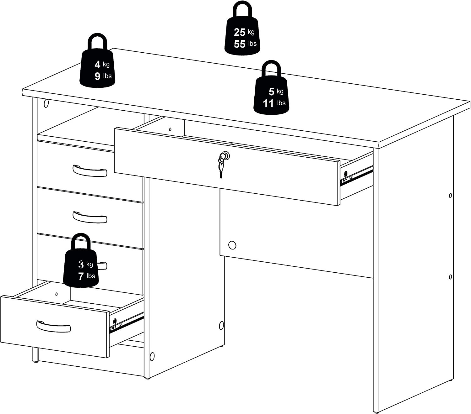 43 in. Rectangular White 5 Drawer Writing Desk with Locking Feature