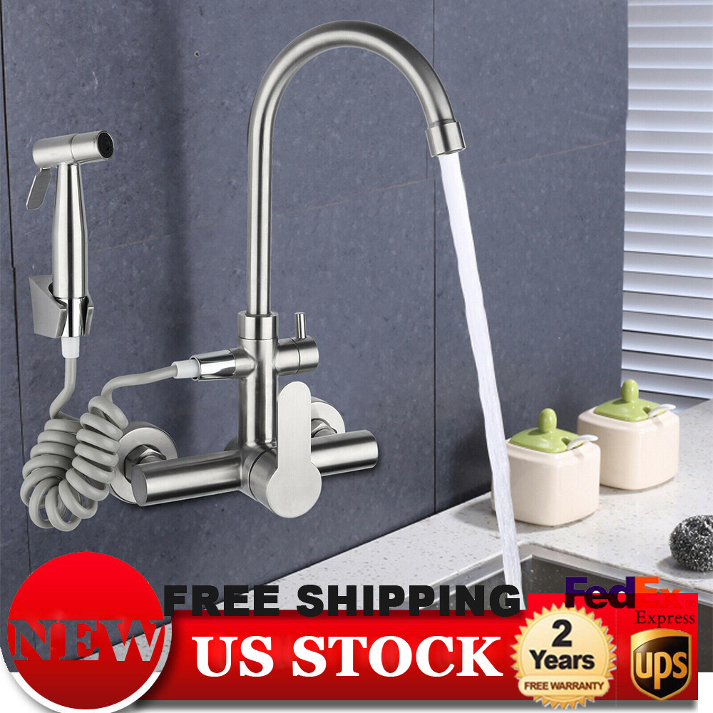 360 Swivel Stainless Steel Dual Hole Sink Tap Mixer Wall Mount Kitchen Faucet