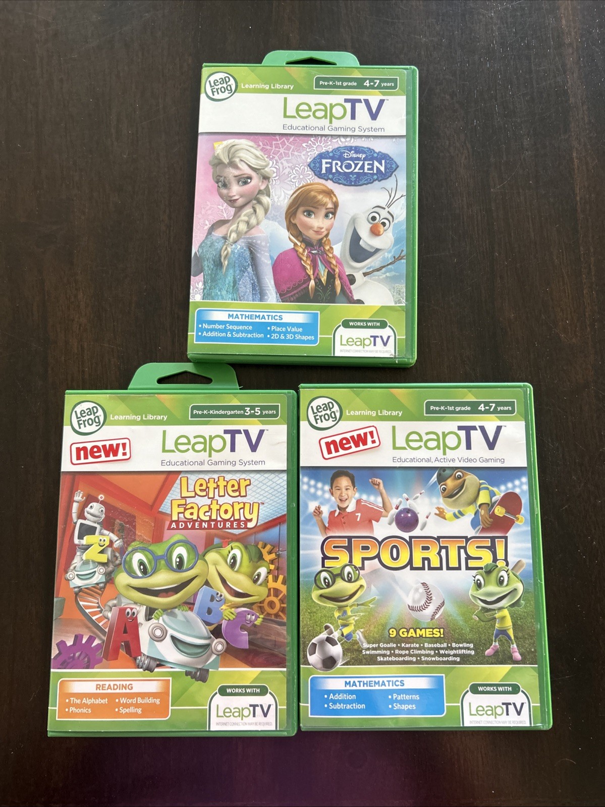 Lot of 3 Leap Frog Leap TV Learning Games Letter Factory Sports Frozen