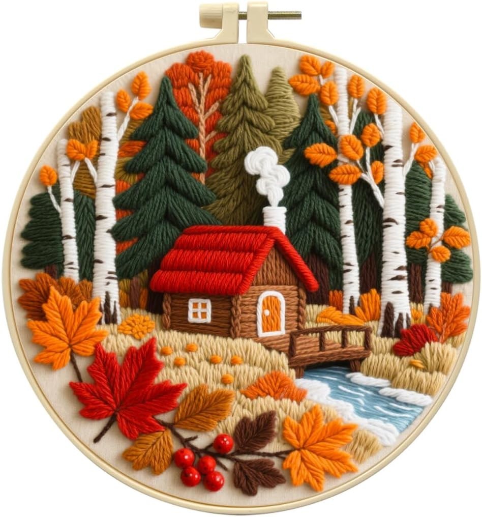 Autumn Forest Cabin Embroidery Kit for Beginners - Complete Set with Pre-Printed