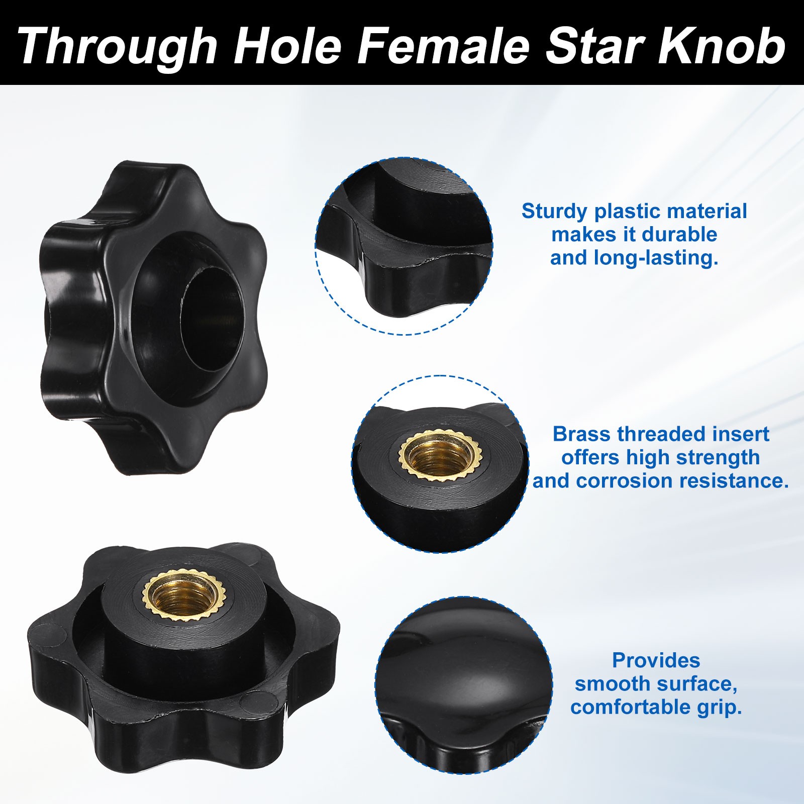 2 Set Star Knobs M6 x 25mm Male + M6 Female Thread 25mm Head Handles, Black