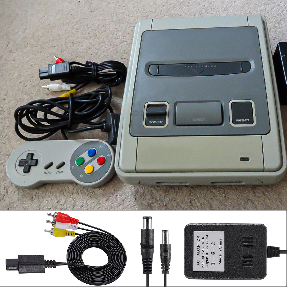 AV RCA Audio+AC Cable Power Supply Adapter Cord For Super Nintendo SNES Game Set