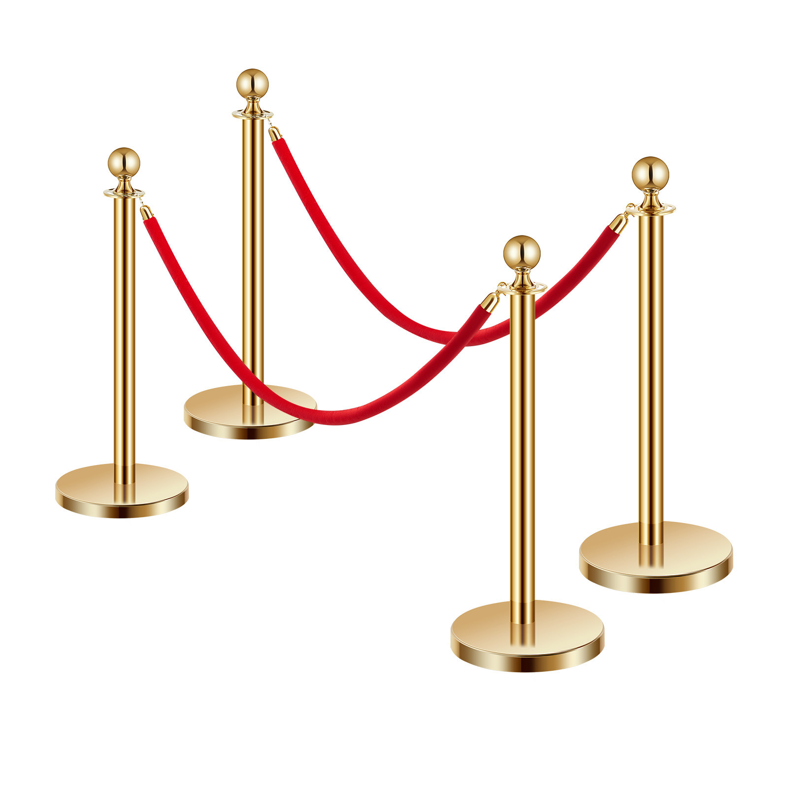 4 Pcs Gold Stanchion Post 2 Red Velvet Ropes Sand Injection Hollow Base