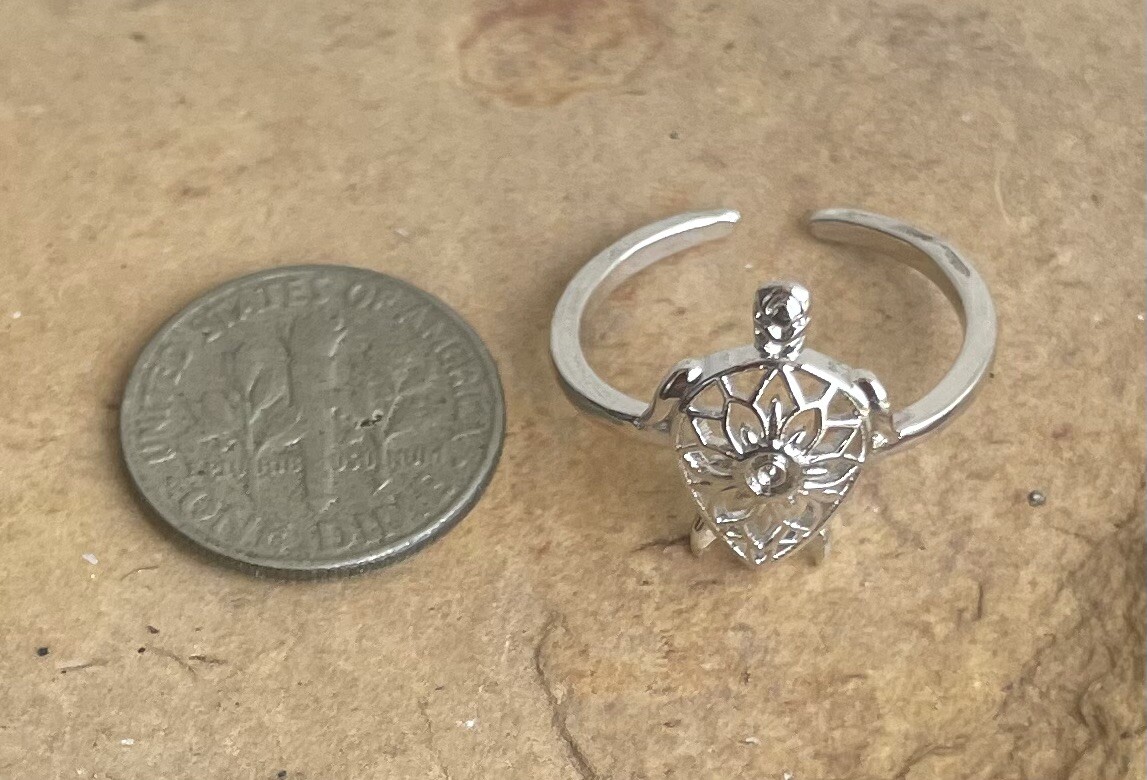 Filigree Turtle Flower Silver Toe Ring Midi Ring Adjustable + Gift Box