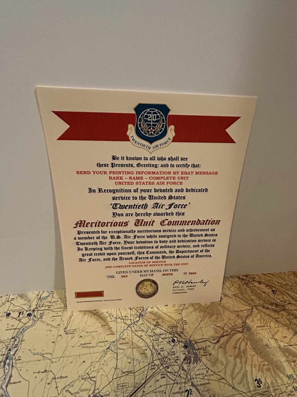 U.S. AIR FORCE / 20TH AIR FORCE - MERITORIOUS UNIT COMMENDATION CERTIFICATE