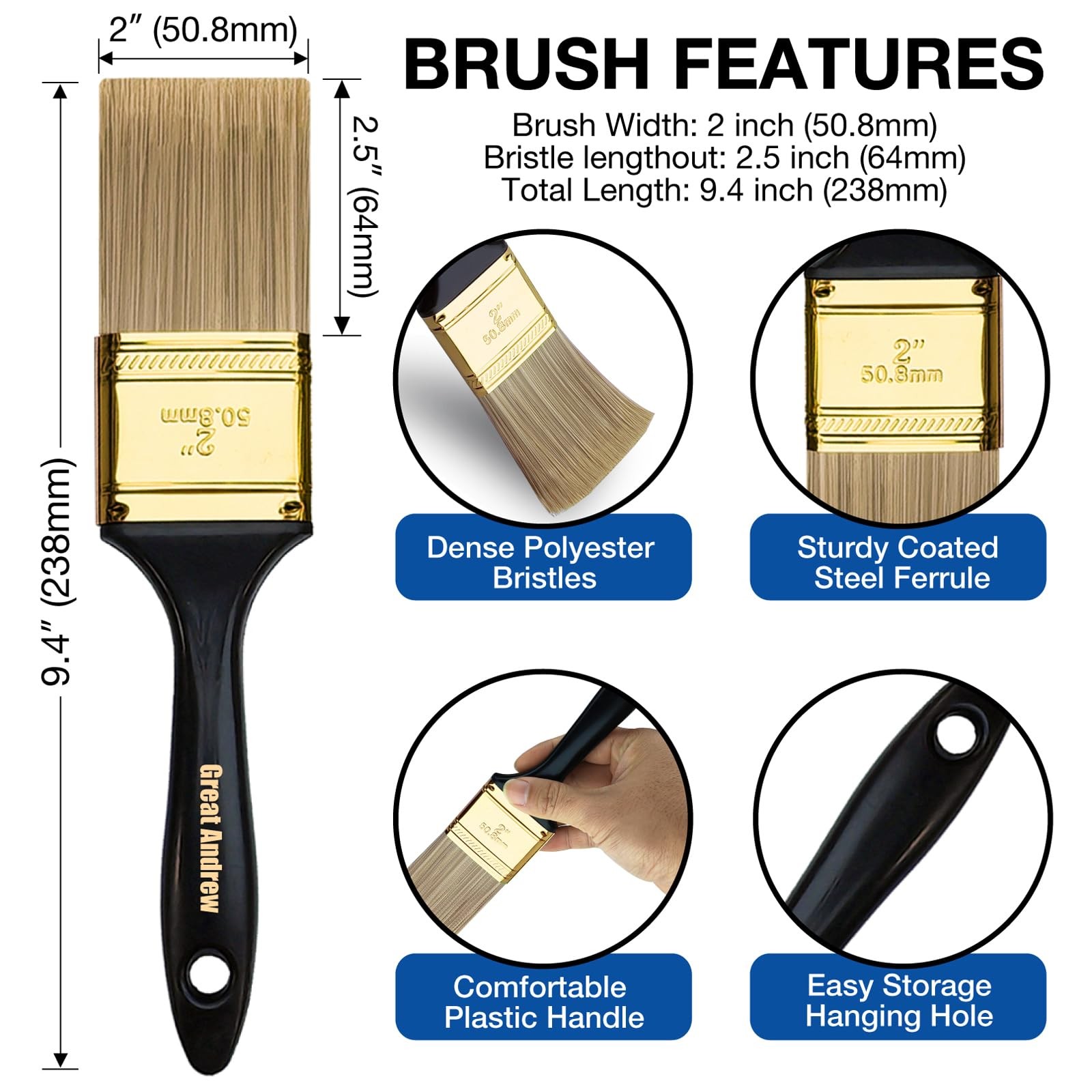 Great Andrew Paint Brushes, 10 PCS 2" Bulk Paint Brush Pack Multi use, Flat P...
