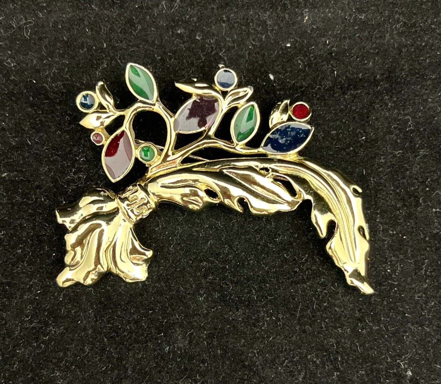 Feather Leaf Pin Brooch with Enamel Leaves
