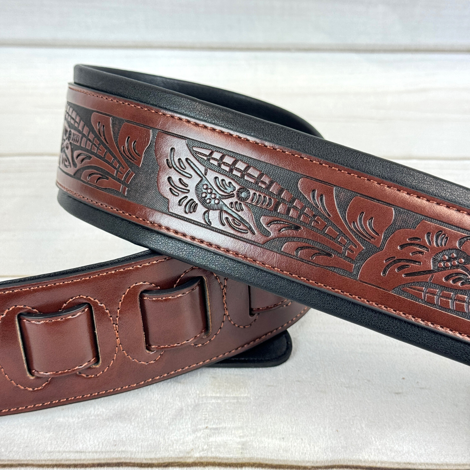 Walker And Williams G-110 Mahogany Brown Padded Strap with Embossed Tooling 