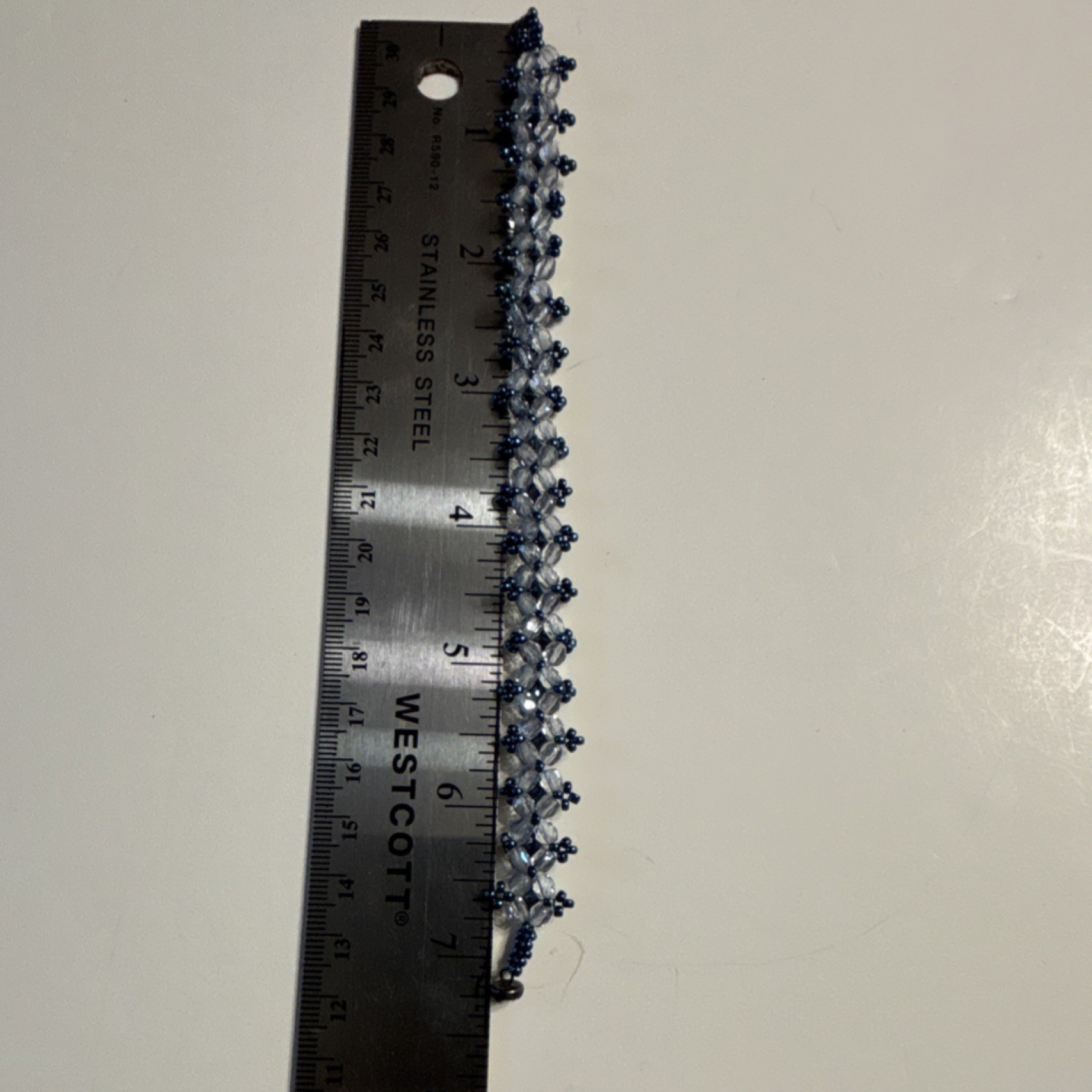 Beaded Bracelet Blue Clear Glass Brass Magnetic Barrel Clasp 7" Asymmetrical