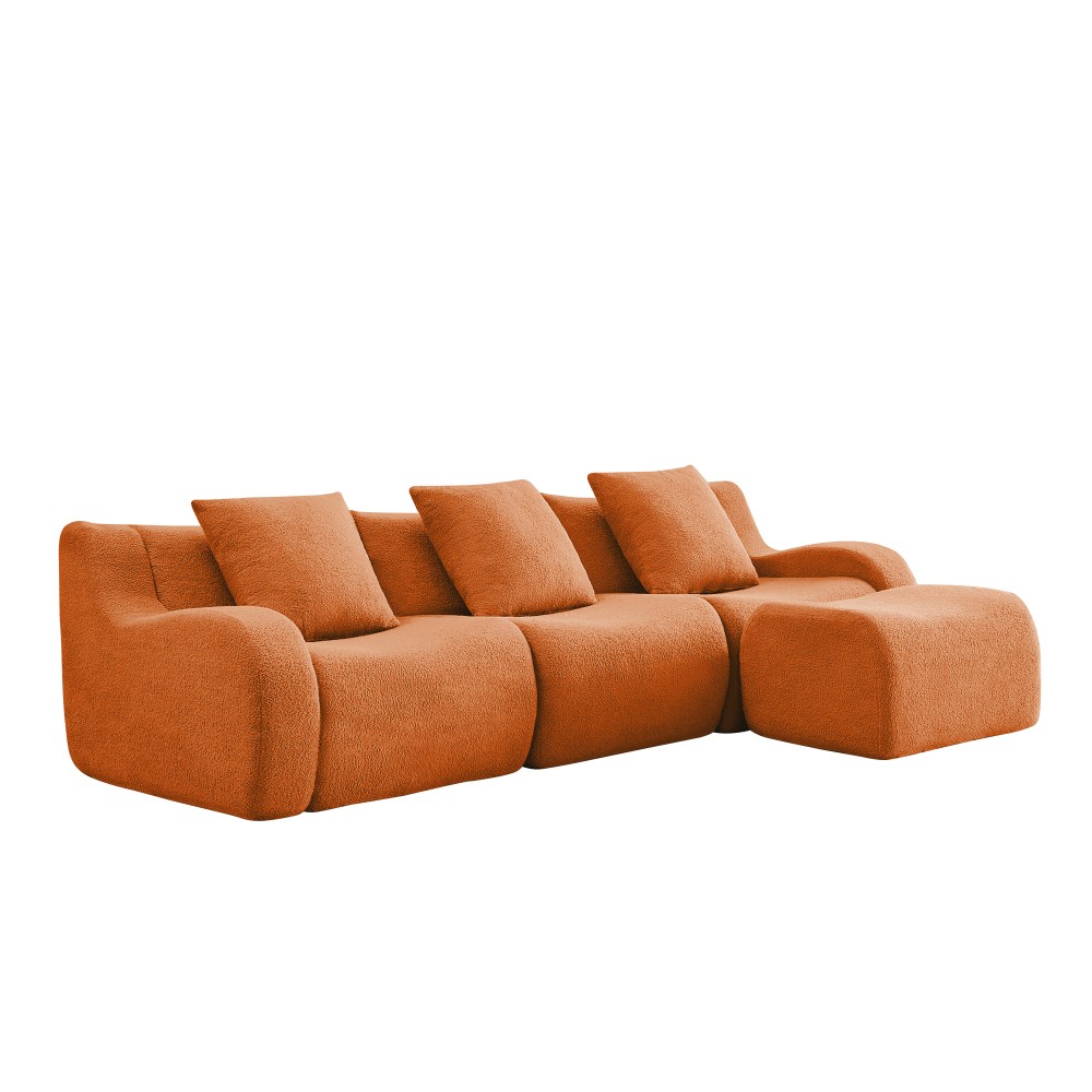 3-Seat Sofa w/ Teddy Fabric, Anti-Slip Base & Curved Armrests - Orange