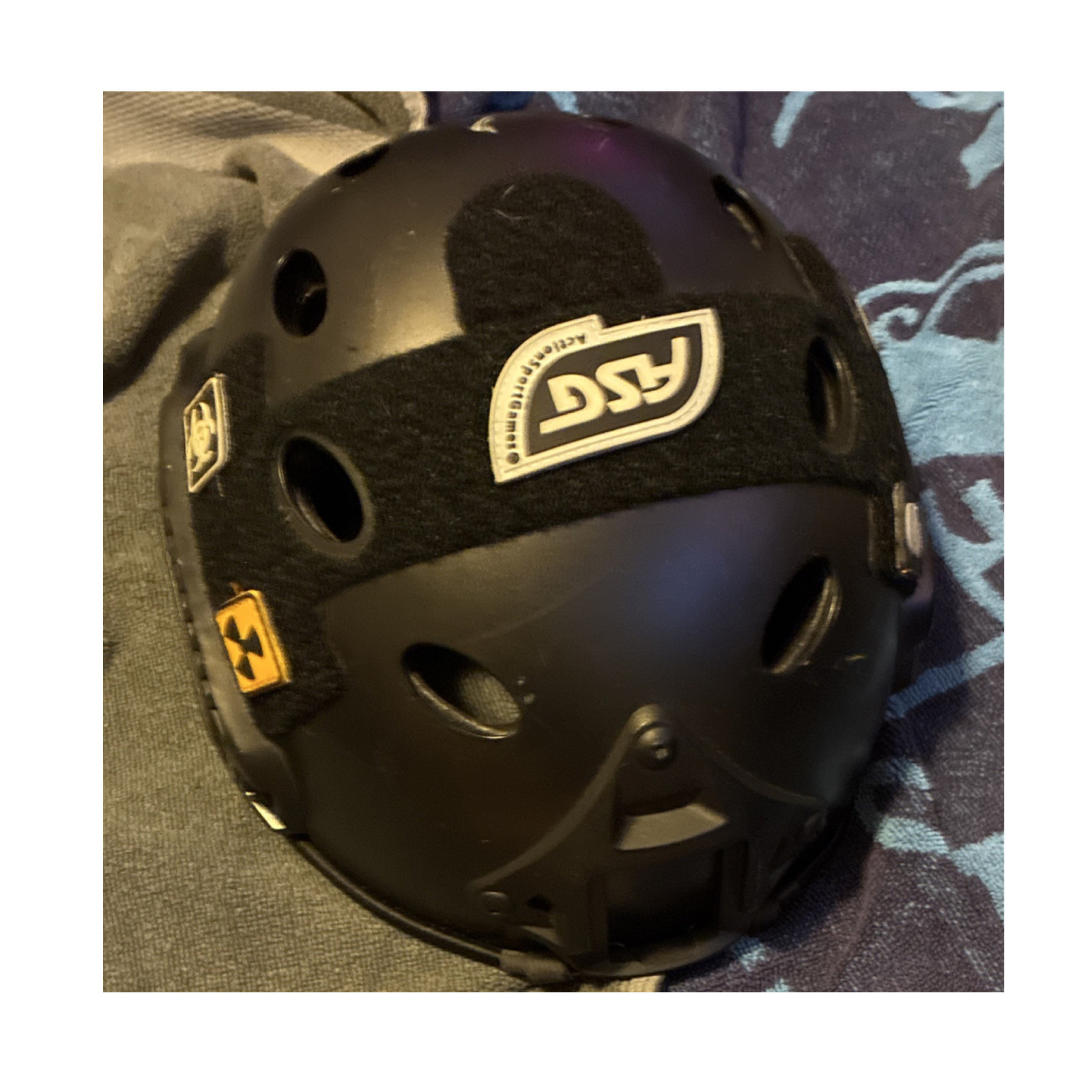 ASG Black Airsoft Tactical Helmet with Patches and Goggles for Outdoor Skirmish