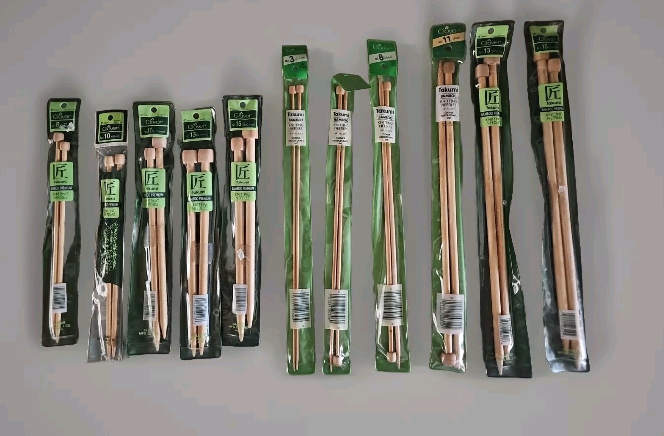 Lot of 11 Knitting Needle Bamboo Takumi Clover  9"   13" and 14" See pics for no