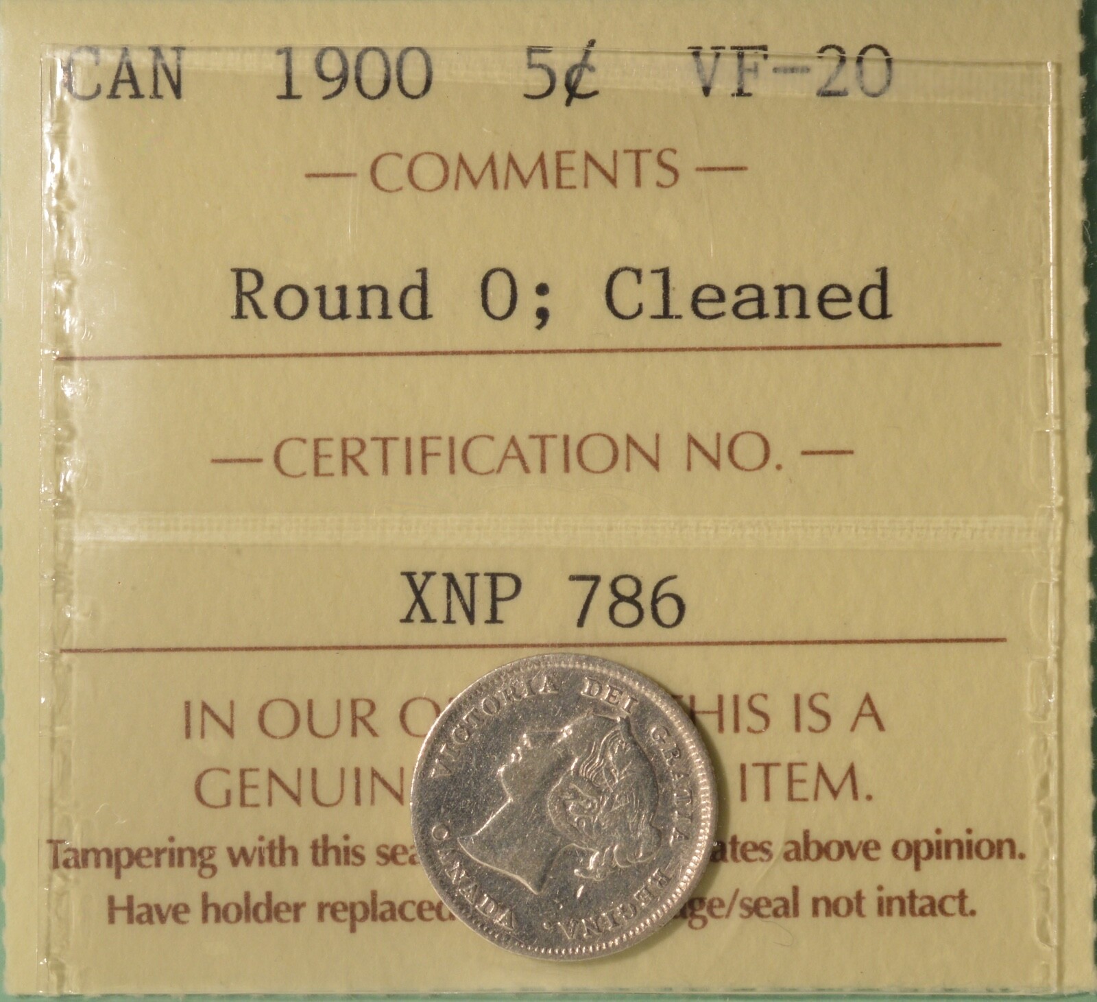 1900 CANADA SILVER 5 Cents - ROUND 0 - ICCS VF-20 -  Serial # XNP 786