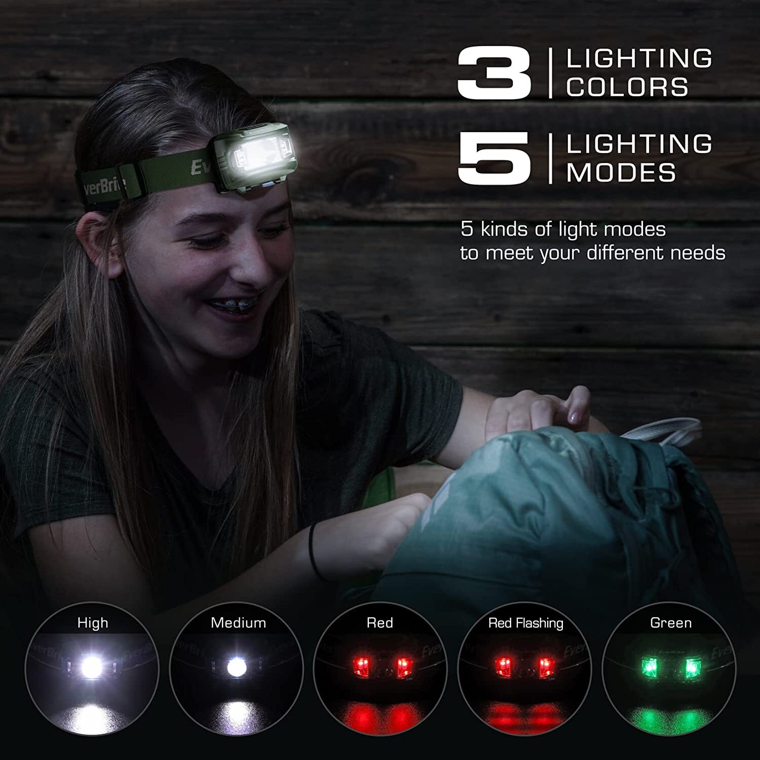EverBrite Headlamp 5Pack w/Red Light&Memory Function 5 Modes Batteries Included