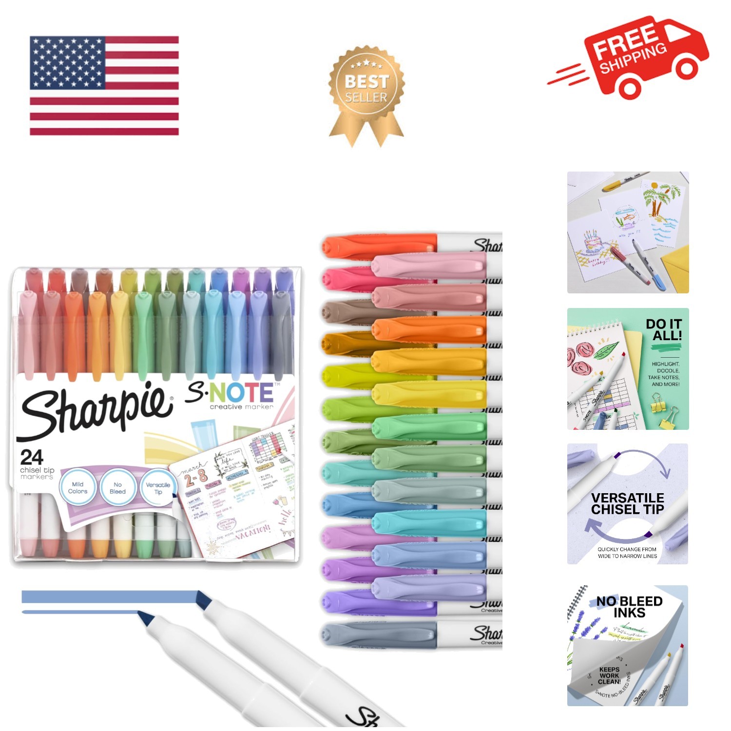 S-Note 24 Count Creative Markers & Pastel Highlighters - Chisel Tip Assortment