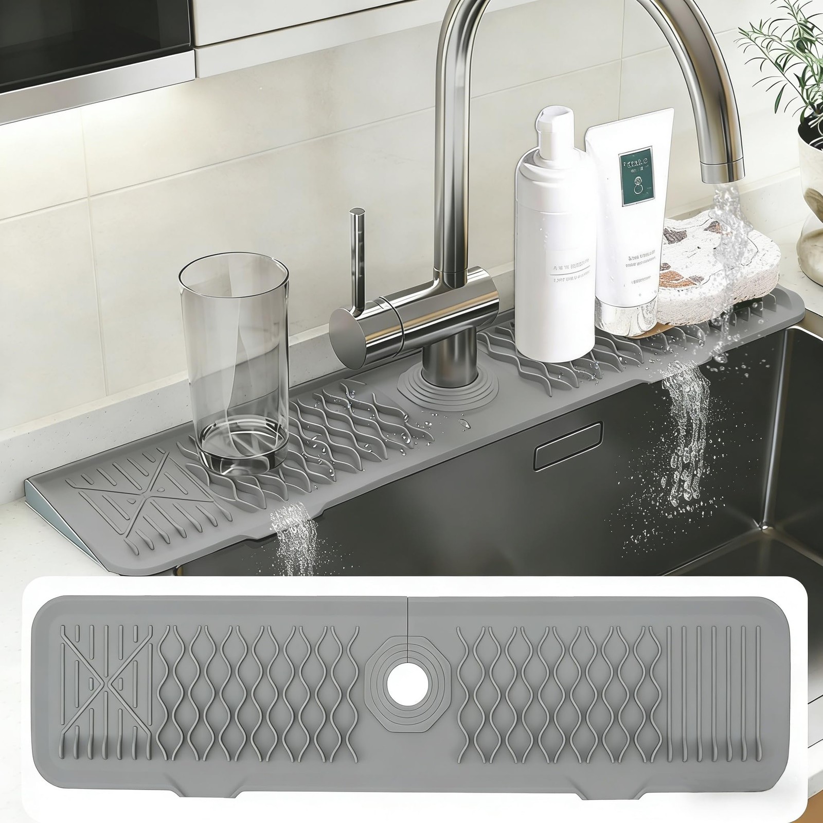 24 Inch Silicone Faucet Mat for Kitchen Sink, 7° Slope Fast Self-Draining Sin...