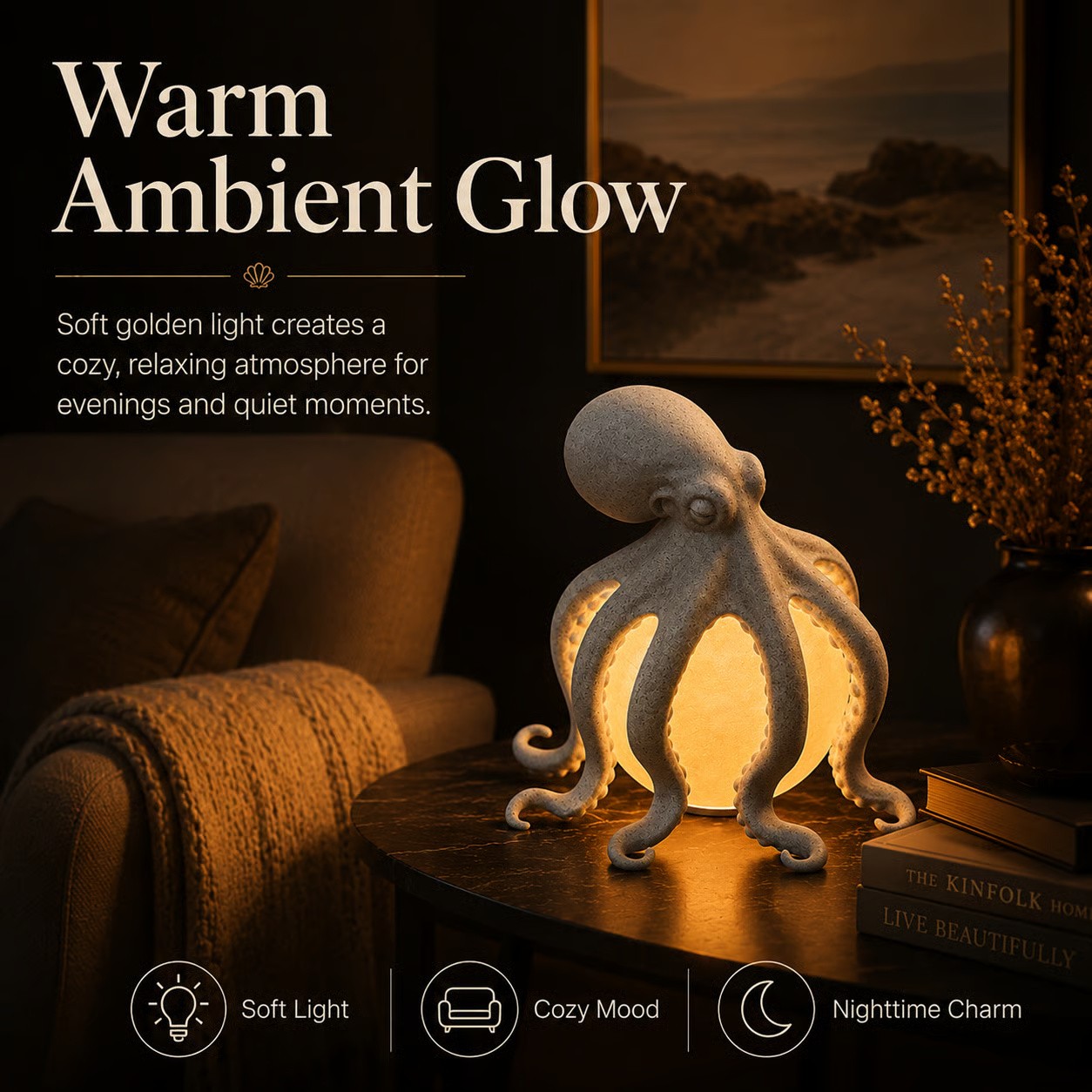 Octopus Table Lamp Marine Life Night Light 3D Printed Ambient Desk Decor