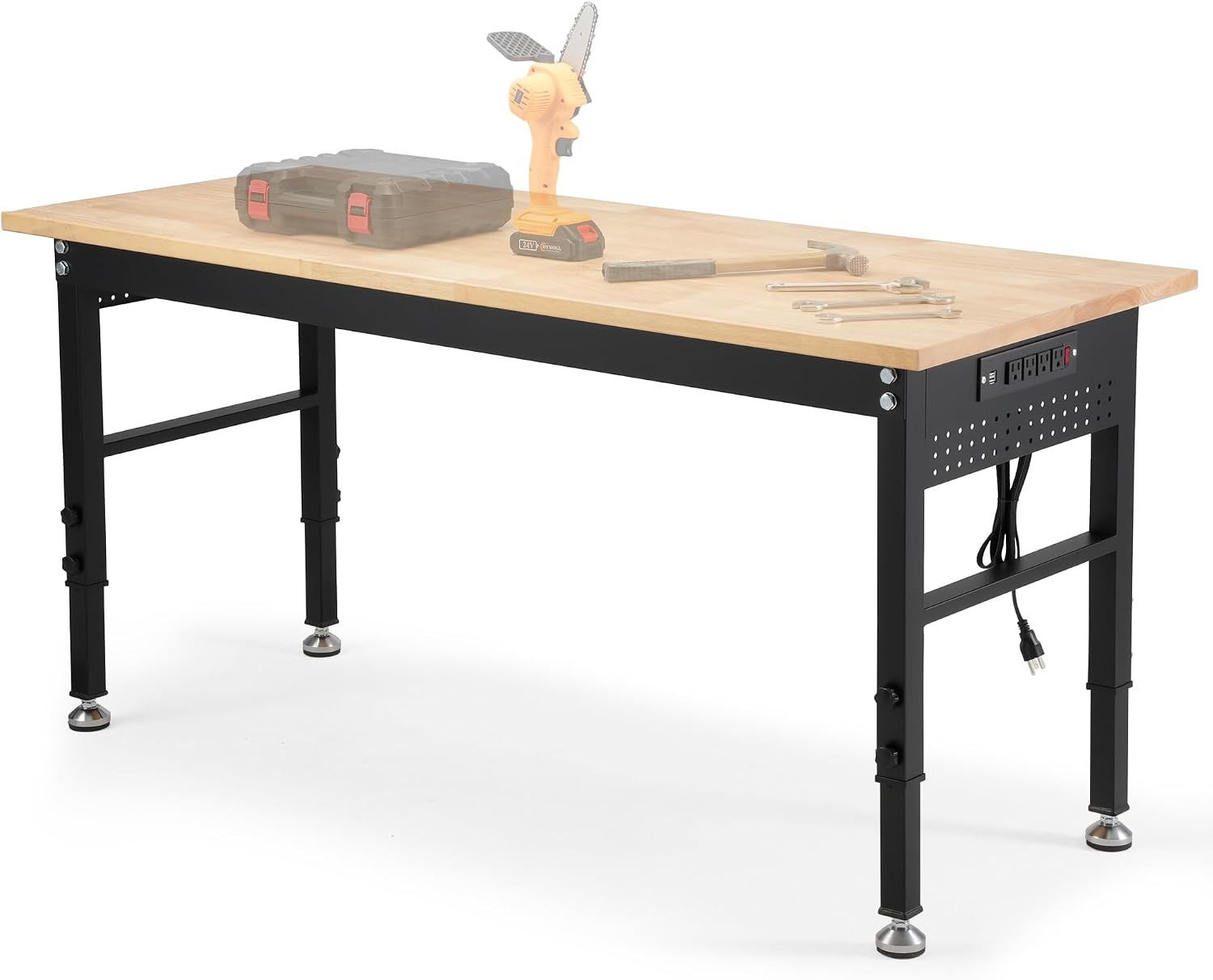 60" Adjustable Workbench with Rubberwood Top & Power Outlet,Large 60 X24Inch 9-L