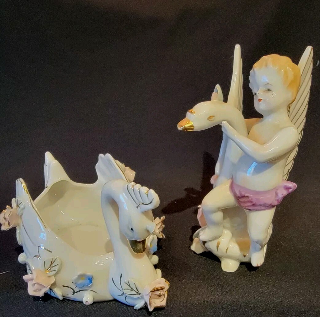 1950s Ucagco Ceramics Cherub On Swan Bud Vase & Swan Planter ~ Gold Accents