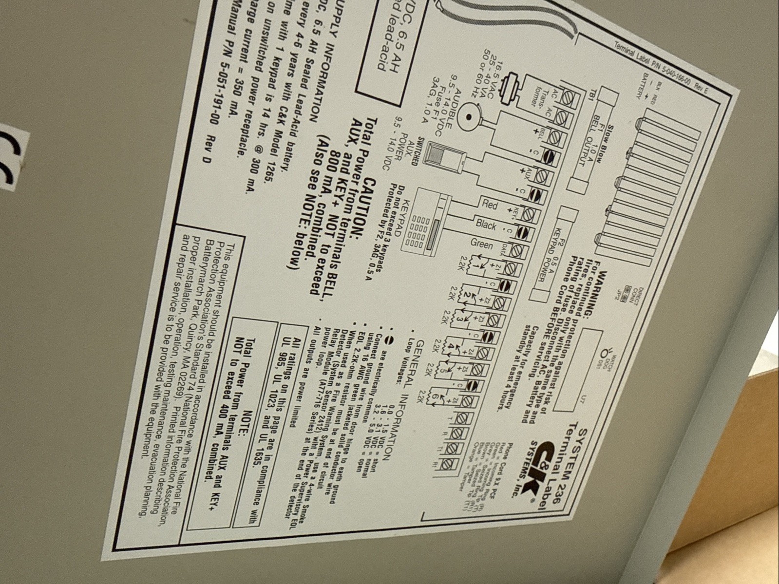 C&k Systems MASADA 236/c/c Control Alarm Panel C & K
